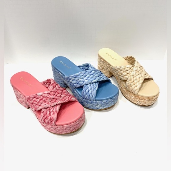 NWT!! RAFFIA NATURAL CRISS CROSS PLATFORM CHUNKY HEEL SLIDE SANDAL - Picture 9 of 11